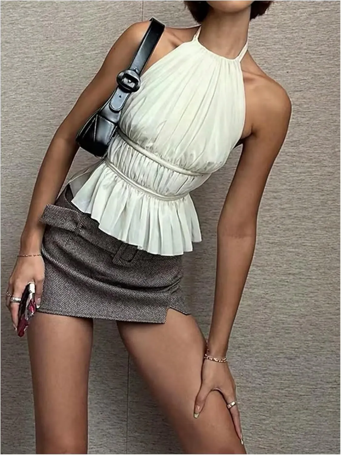SOLY HUX Women's Ruffle Halter Neck Camisole Sleeveless Open Back Cute Party Going Out Tops