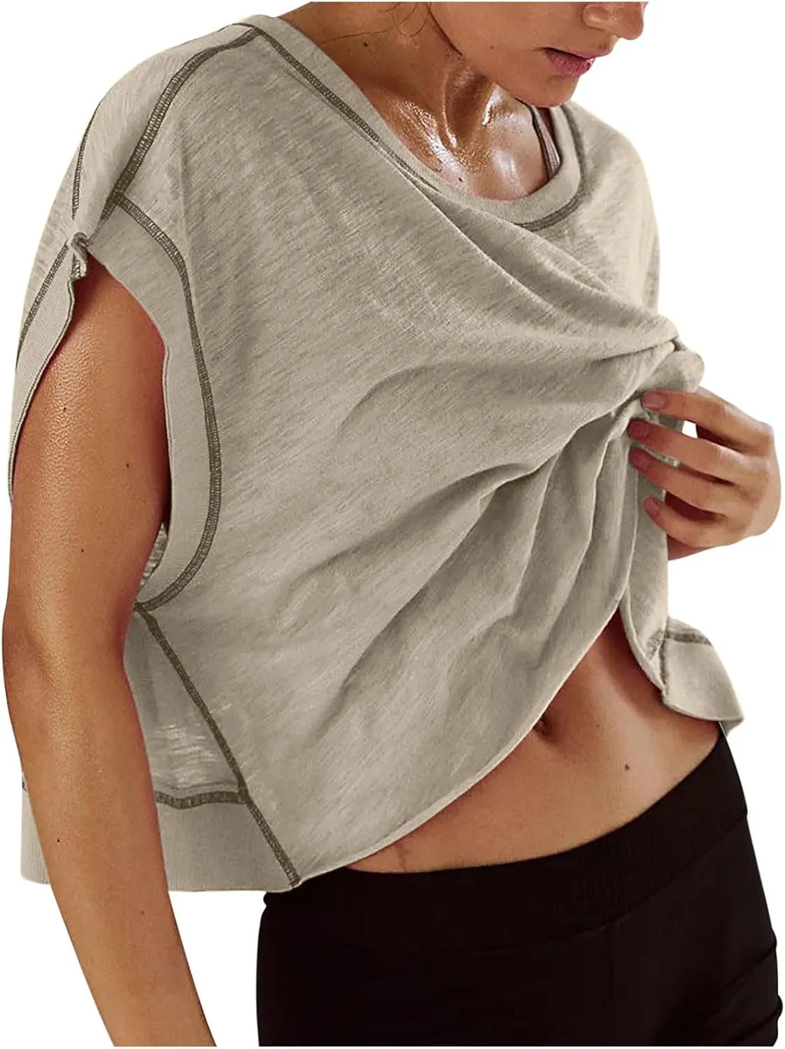 Summer Tops for Womens Open Back Workout Tops Backless Short Sleeve Athletic Shirt Running Crop Top Gym Yoga Tee