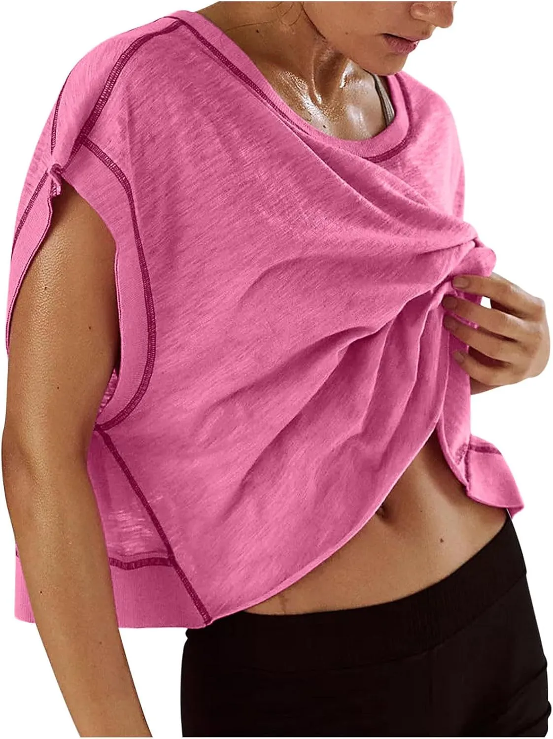 Summer Tops for Womens Open Back Workout Tops Backless Short Sleeve Athletic Shirt Running Crop Top Gym Yoga Tee