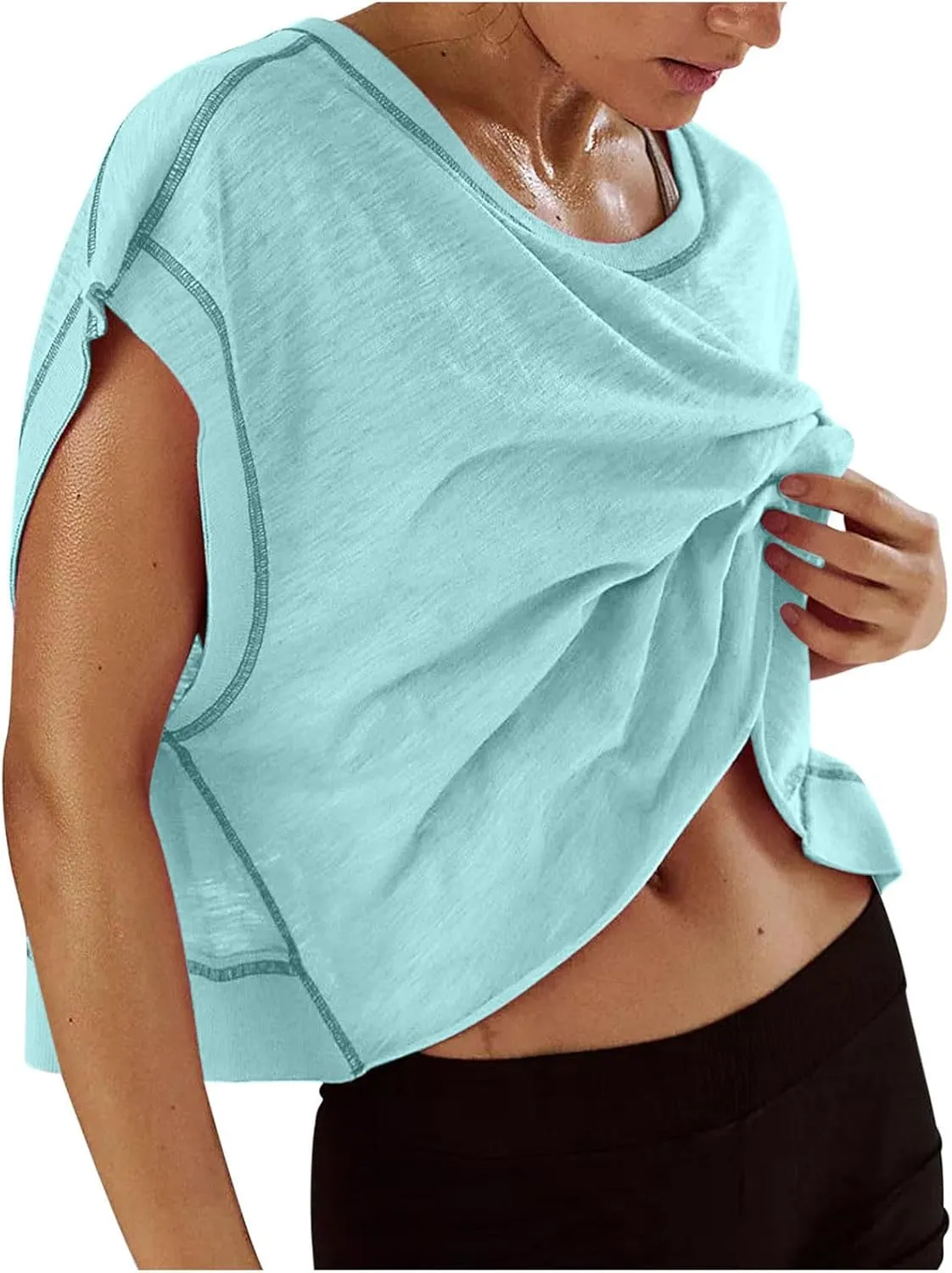 Summer Tops for Womens Open Back Workout Tops Backless Short Sleeve Athletic Shirt Running Crop Top Gym Yoga Tee