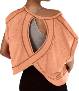 Summer Tops for Womens Open Back Workout Tops Backless Short Sleeve Athletic Shirt Running Crop Top Gym Yoga Tee