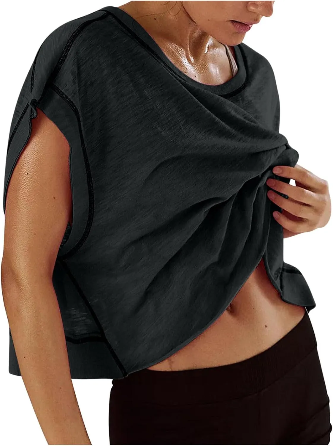 Summer Tops for Womens Open Back Workout Tops Backless Short Sleeve Athletic Shirt Running Crop Top Gym Yoga Tee
