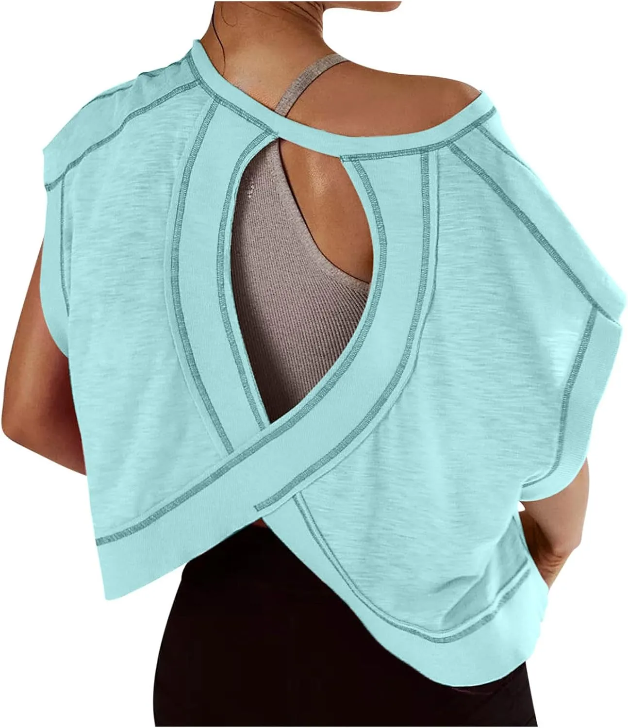 Summer Tops for Womens Open Back Workout Tops Backless Short Sleeve Athletic Shirt Running Crop Top Gym Yoga Tee
