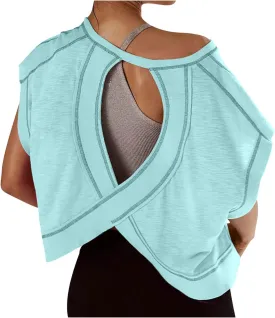 Summer Tops for Womens Open Back Workout Tops Backless Short Sleeve Athletic Shirt Running Crop Top Gym Yoga Tee