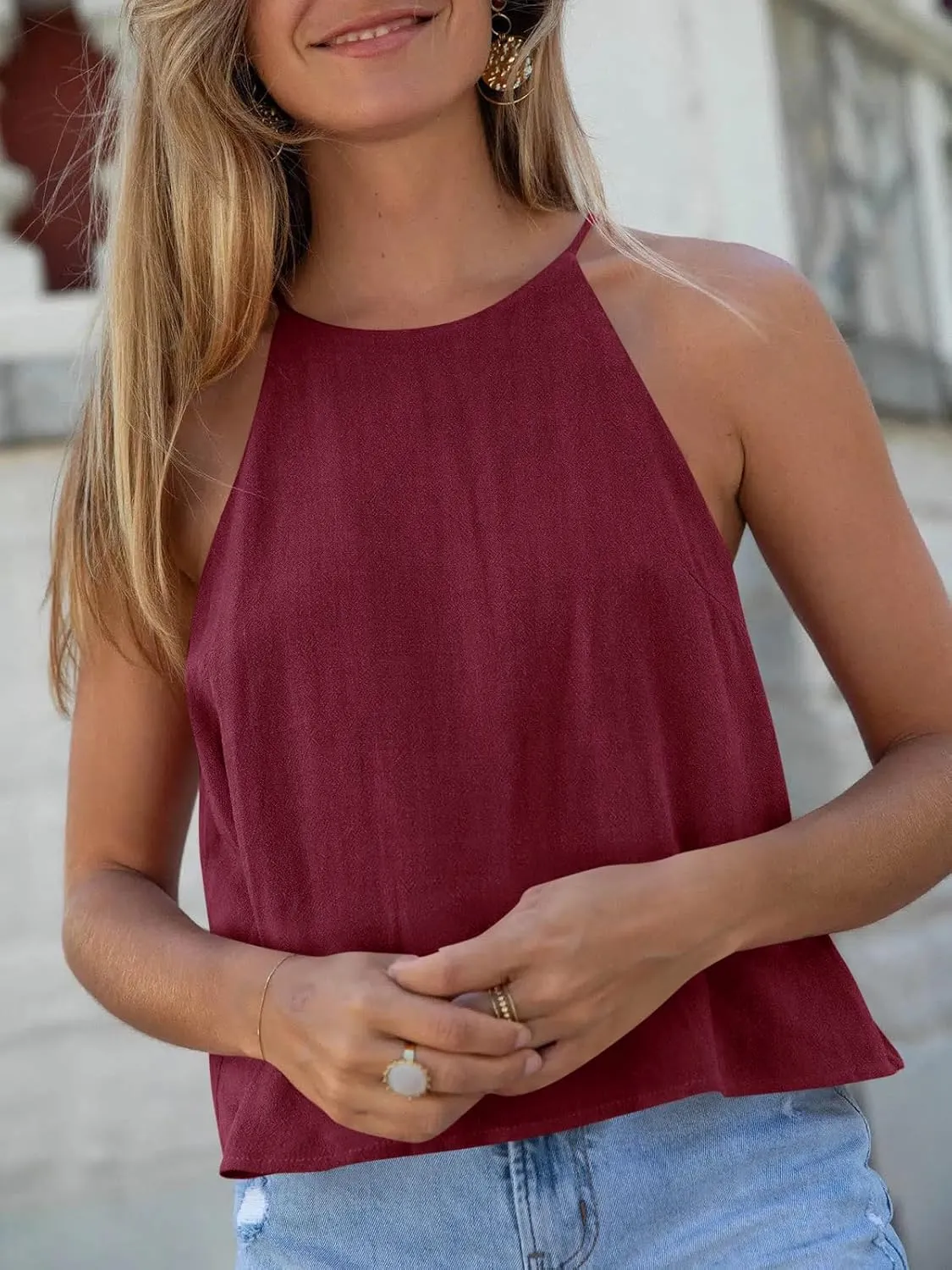 Tankaneo Womens Summer Halter Crop Tank Tops Y2k Going Out Sleeveless Tee Shirts Open Back Beach Camisole