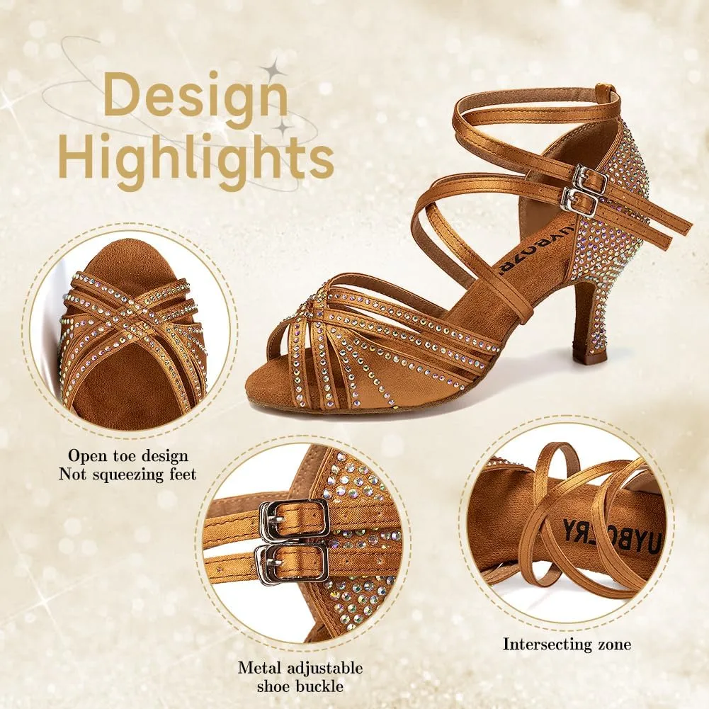 Women's Latin Dance Shoes Open Toe Rhinestones Salsa Bachata Performance Ballroom Dancing Shoes,Model YC-D27-Suede Sole-3 Heel