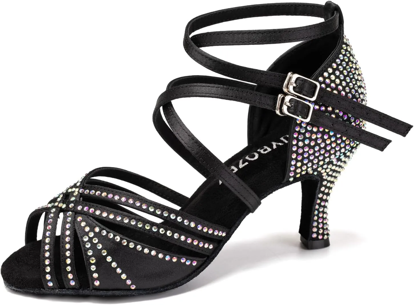Women's Latin Dance Shoes Open Toe Rhinestones Salsa Bachata Performance Ballroom Dancing Shoes,Model YC-D27-Suede Sole-3 Heel