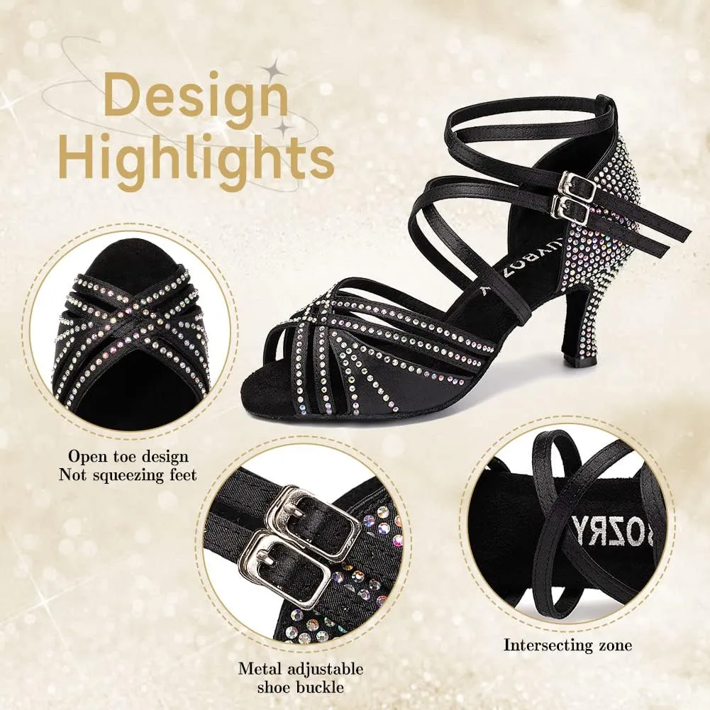 Women's Latin Dance Shoes Open Toe Rhinestones Salsa Bachata Performance Ballroom Dancing Shoes,Model YC-D27-Suede Sole-3 Heel
