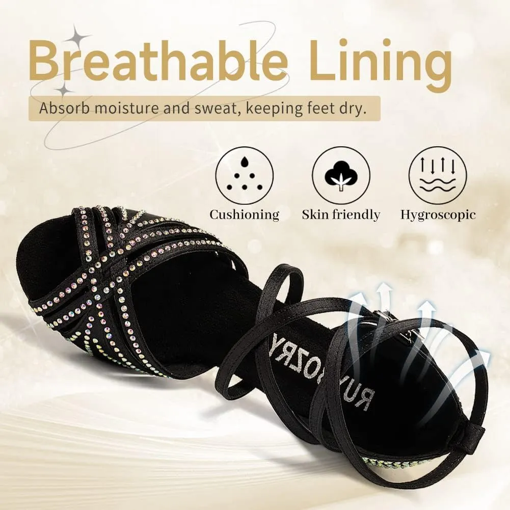 Women's Latin Dance Shoes Open Toe Rhinestones Salsa Bachata Performance Ballroom Dancing Shoes,Model YC-D27-Suede Sole-3 Heel