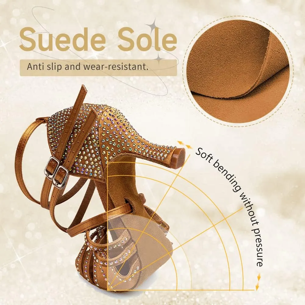 Women's Latin Dance Shoes Open Toe Rhinestones Salsa Bachata Performance Ballroom Dancing Shoes,Model YC-D27-Suede Sole-3 Heel