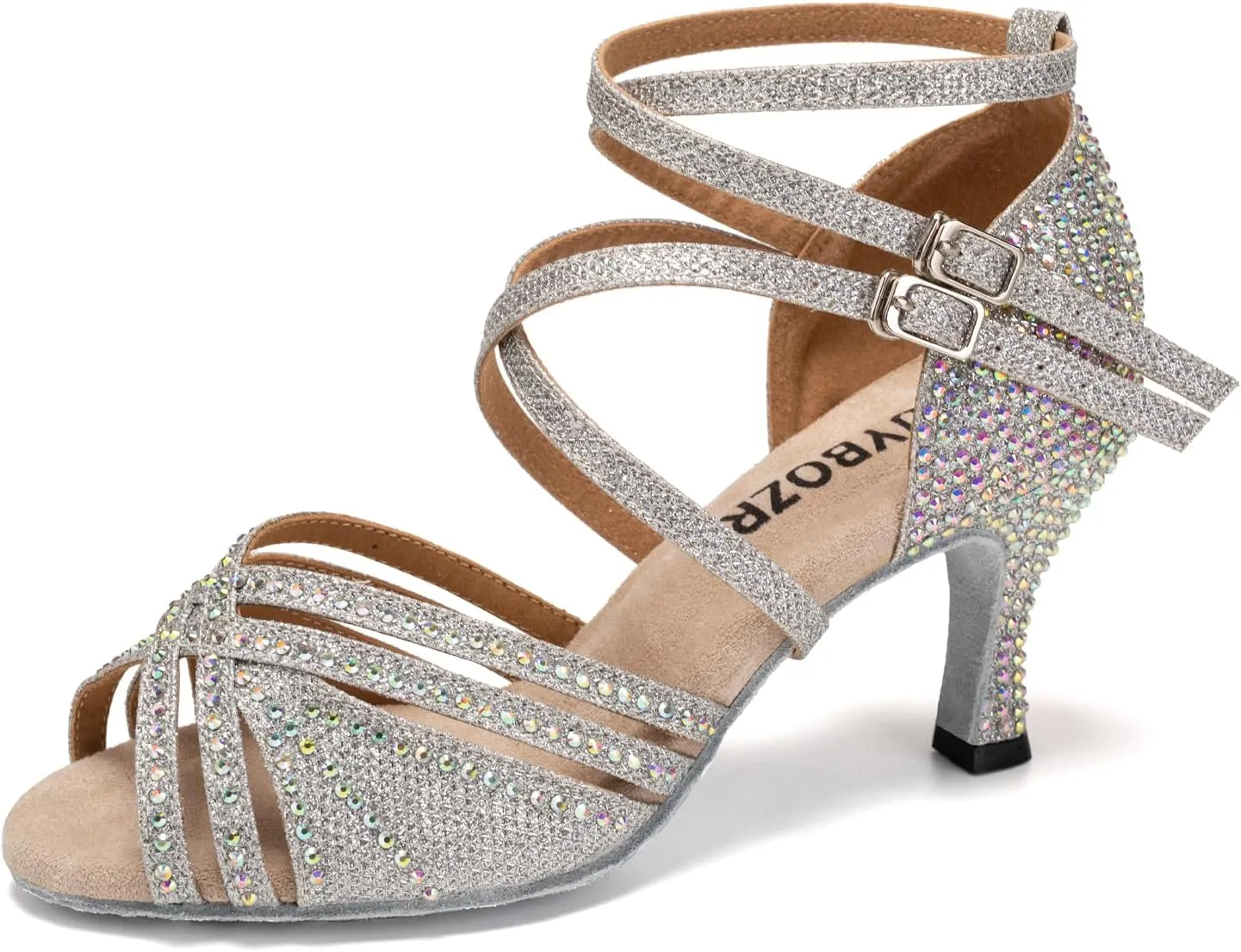 Women's Latin Dance Shoes Open Toe Rhinestones Salsa Bachata Performance Ballroom Dancing Shoes,Model YC-D27-Suede Sole-3 Heel