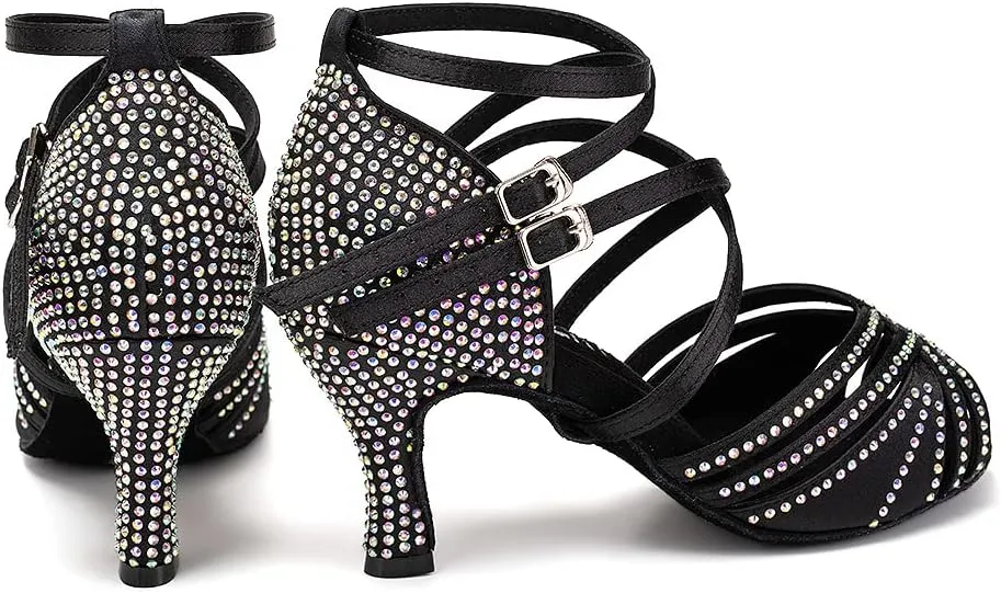 Women's Latin Dance Shoes Open Toe Rhinestones Salsa Bachata Performance Ballroom Dancing Shoes,Model YC-D27-Suede Sole-3 Heel