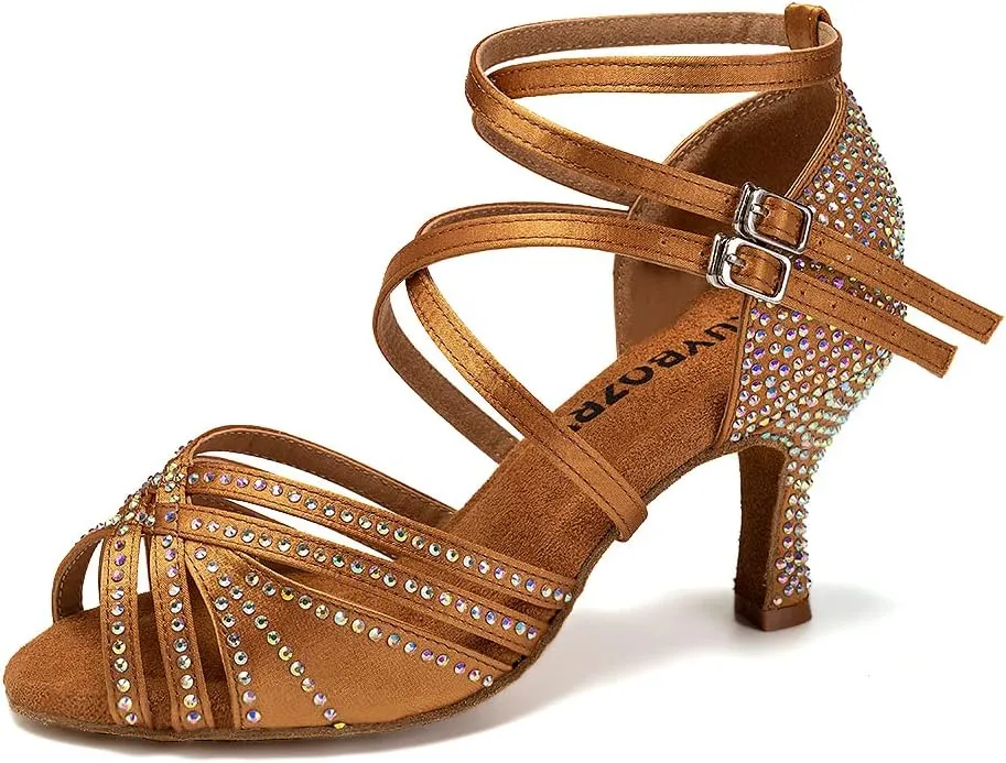 Women's Latin Dance Shoes Open Toe Rhinestones Salsa Bachata Performance Ballroom Dancing Shoes,Model YC-D27-Suede Sole-3 Heel