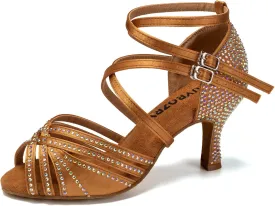 Women's Latin Dance Shoes Open Toe Rhinestones Salsa Bachata Performance Ballroom Dancing Shoes,Model YC-D27-Suede Sole-3 Heel