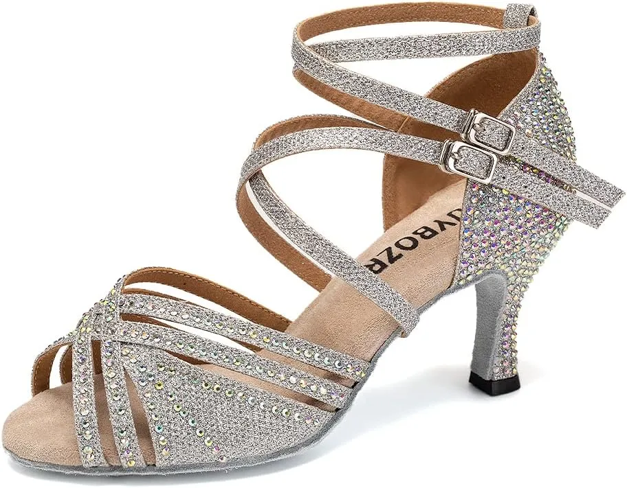 Women's Latin Dance Shoes Open Toe Rhinestones Salsa Bachata Performance Ballroom Dancing Shoes,Model YC-D27-Suede Sole-3 Heel