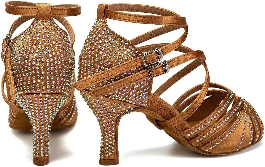 Women's Latin Dance Shoes Open Toe Rhinestones Salsa Bachata Performance Ballroom Dancing Shoes,Model YC-D27-Suede Sole-3 Heel