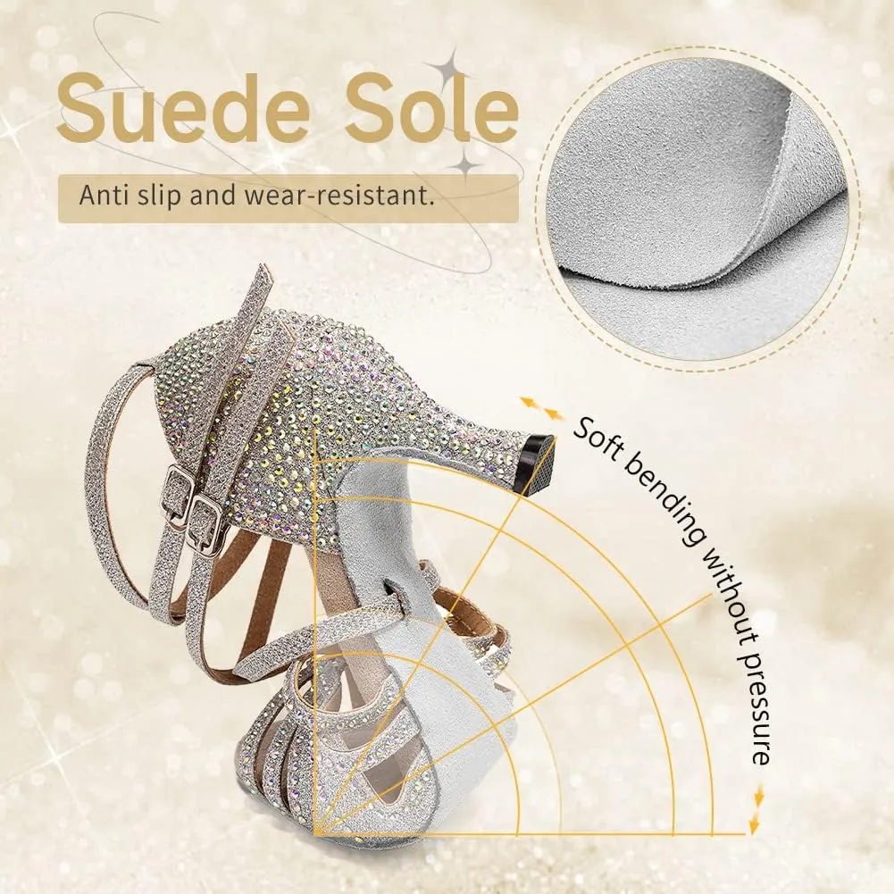 Women's Latin Dance Shoes Open Toe Rhinestones Salsa Bachata Performance Ballroom Dancing Shoes,Model YC-D27-Suede Sole-3 Heel