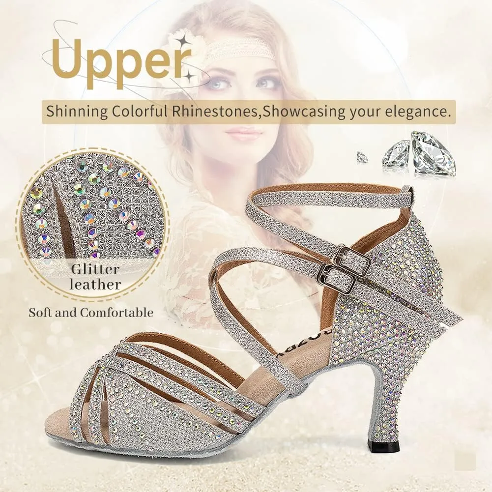 Women's Latin Dance Shoes Open Toe Rhinestones Salsa Bachata Performance Ballroom Dancing Shoes,Model YC-D27-Suede Sole-3 Heel