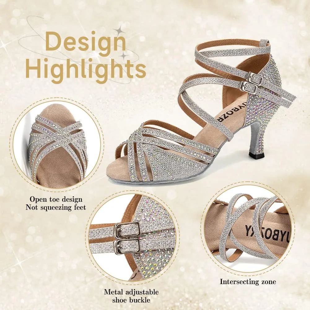Women's Latin Dance Shoes Open Toe Rhinestones Salsa Bachata Performance Ballroom Dancing Shoes,Model YC-D27-Suede Sole-3 Heel