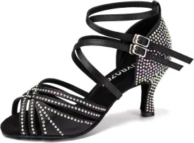 Women's Latin Dance Shoes Open Toe Rhinestones Salsa Bachata Performance Ballroom Dancing Shoes,Model YC-D27-Suede Sole-3 Heel