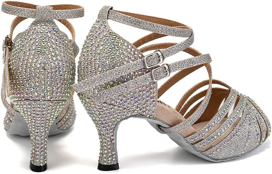 Women's Latin Dance Shoes Open Toe Rhinestones Salsa Bachata Performance Ballroom Dancing Shoes,Model YC-D27-Suede Sole-3 Heel