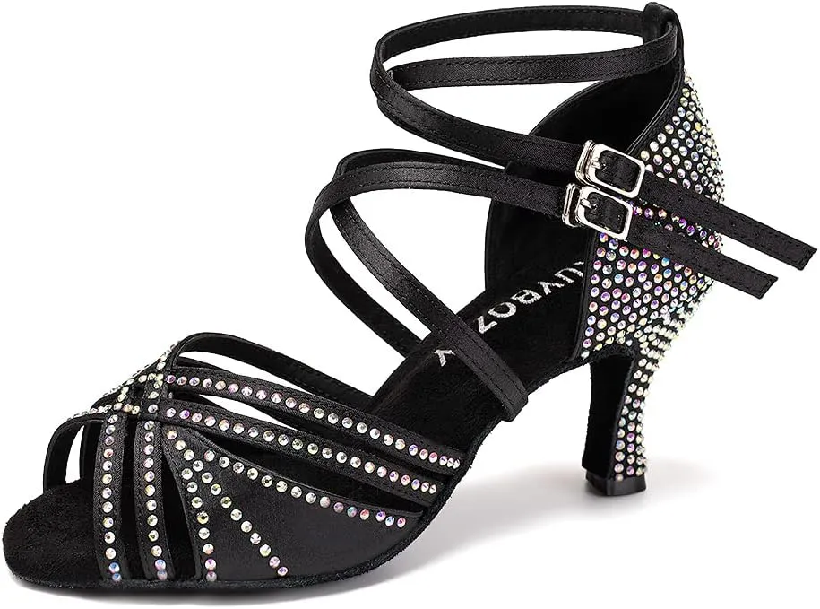Women's Latin Dance Shoes Open Toe Rhinestones Salsa Bachata Performance Ballroom Dancing Shoes,Model YC-D27-Suede Sole-3 Heel
