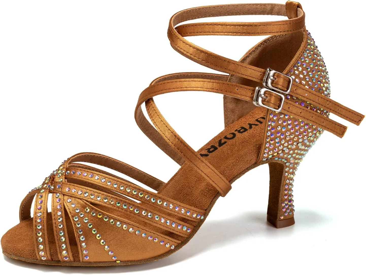 Women's Latin Dance Shoes Open Toe Rhinestones Salsa Bachata Performance Ballroom Dancing Shoes,Model YC-D27-Suede Sole-3 Heel